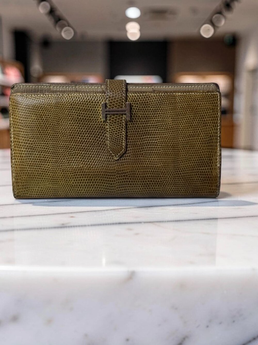 Hermes Bearn Classique Long Wallet Olive Lizard Exotic Palladium H Vintage